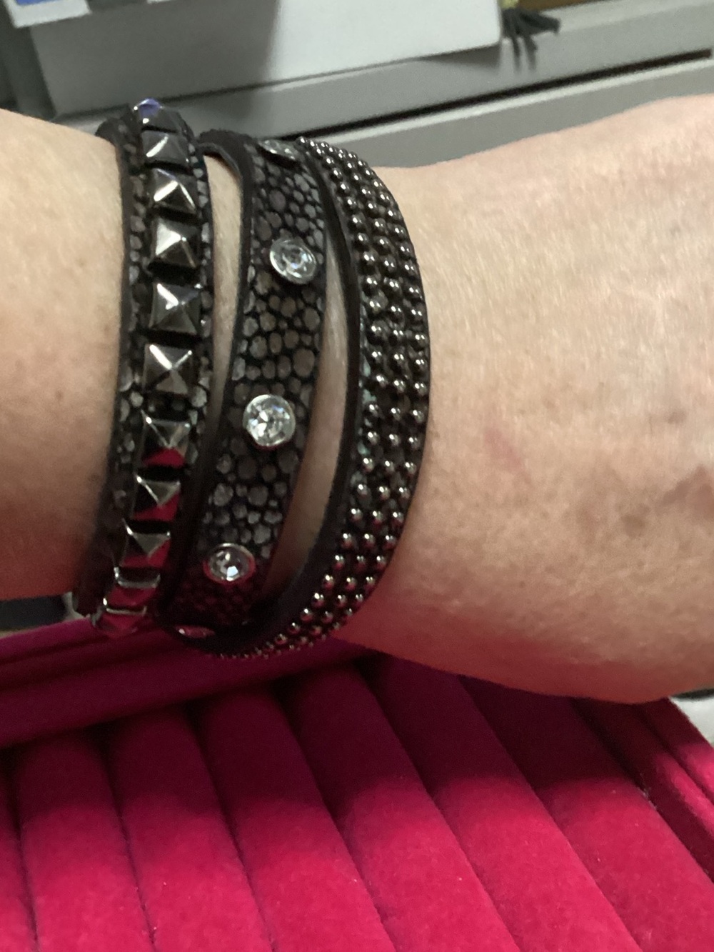 Leather Triple Wrap Bracelet w/Studs & Rhinestones 22”long